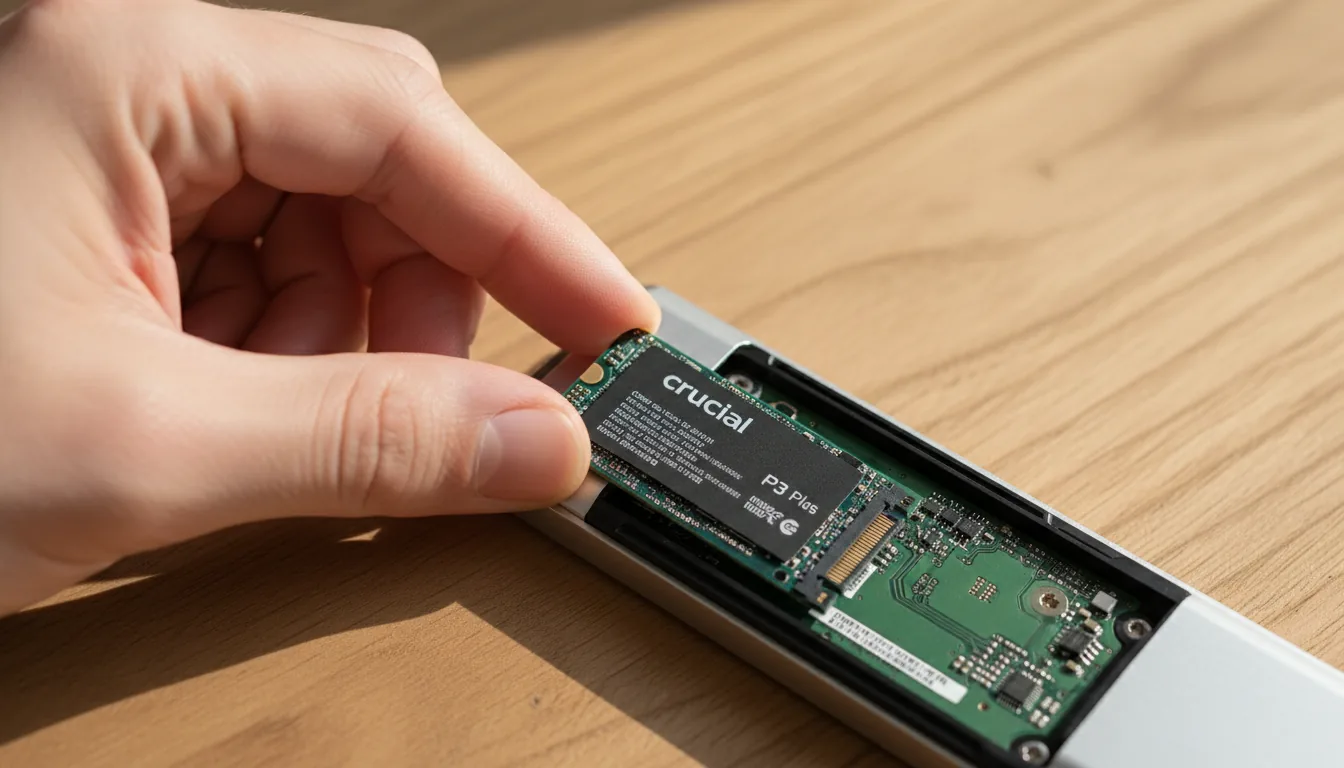 DSLR close-up photograph of a person's hand carefully installing a black Crucial P3 Plus M.2 NVMe SSD into an open silver and black hardware enclosure. The scene is shot from a top-down angle on a light brown wooden desk with a visible wood grain. Lit by soft natural daylight, the focus is tack-sharp on the SSD and fingers, with the wooden background having a shallow depth of field.
