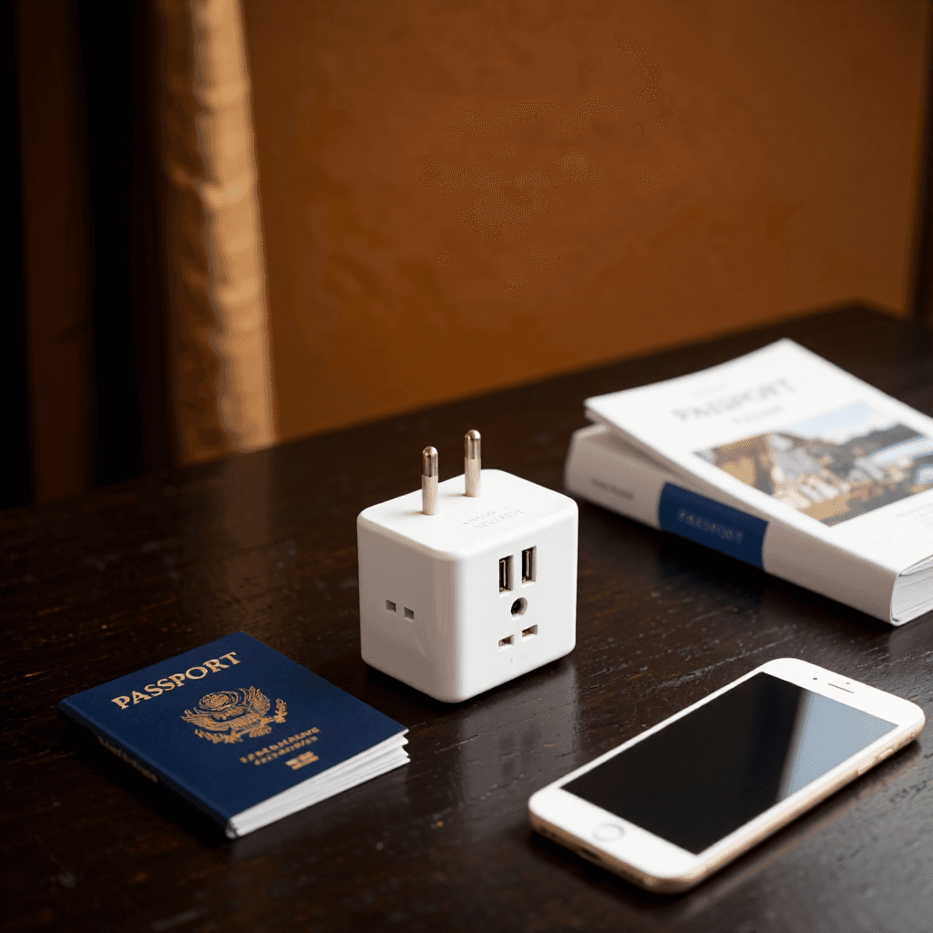 product photography of a travel adapter with USB ports