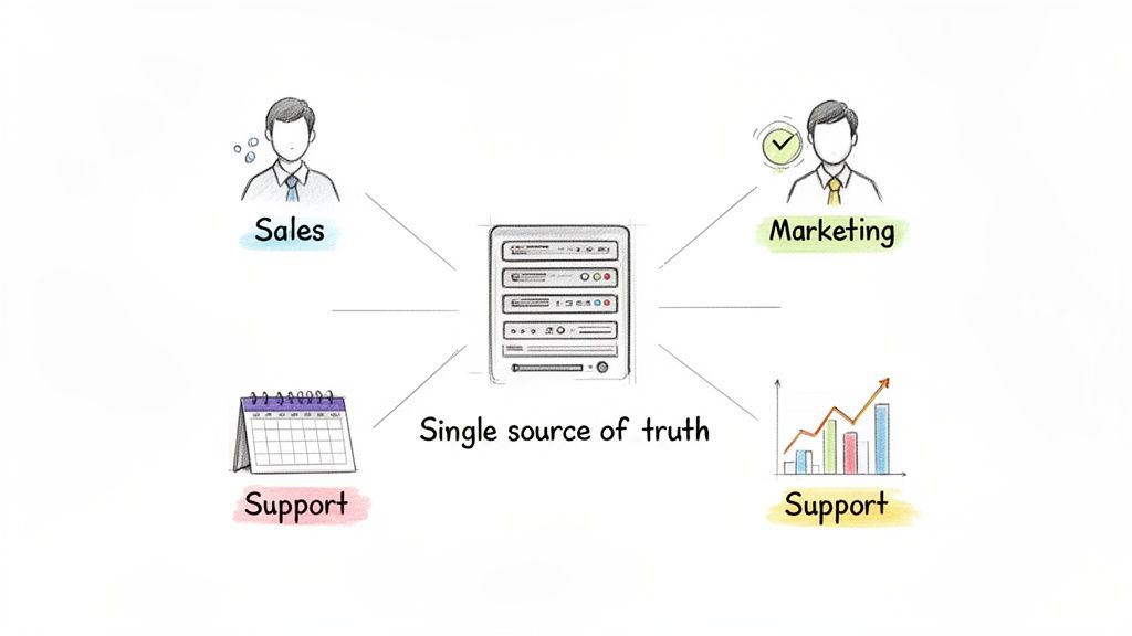 Illustration of a central data system as a single source of truth for Sales, Marketing, and Support departments.