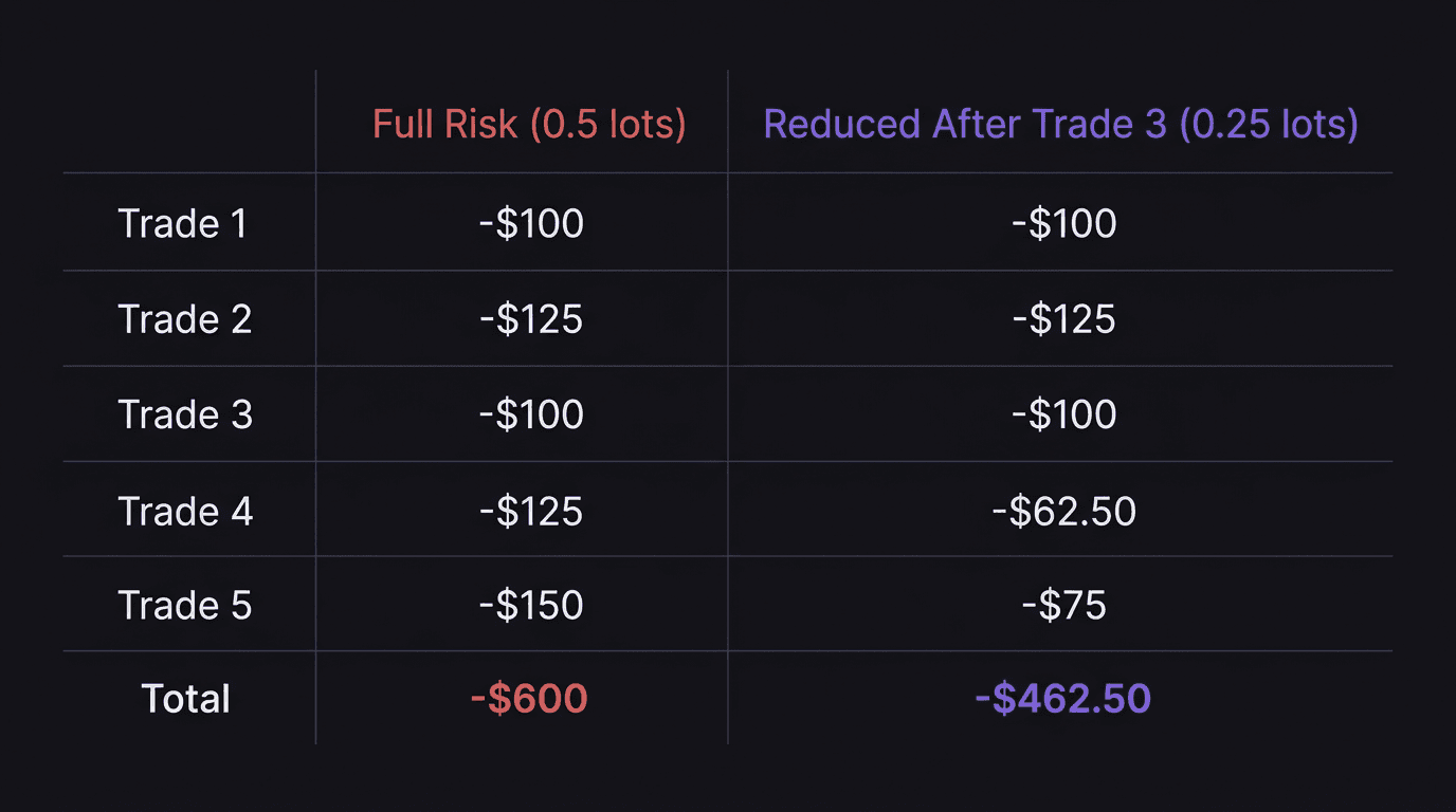 Comparison table showing account damage with full risk versus reduced risk over 5 trades in a range