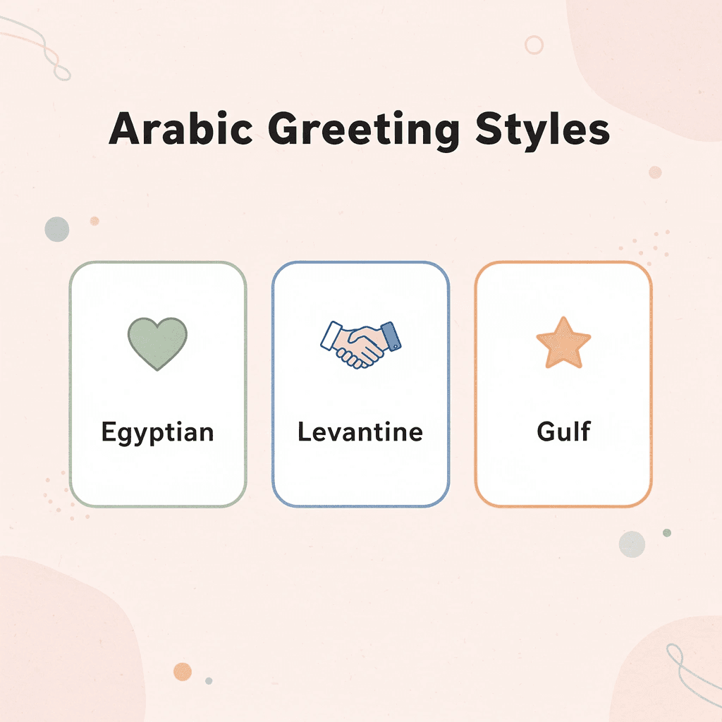 Infographic showing three Arabic greeting styles by region