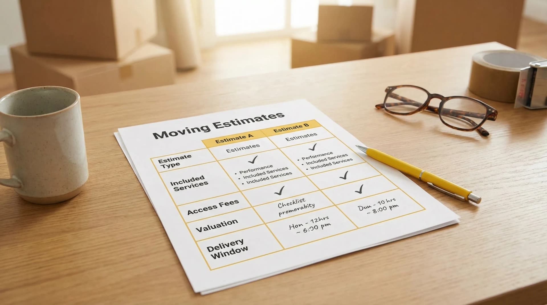 A clean comparison checklist on a table with moving estimates side by side, highlighting key fields like estimate type, included services, access fees, valuation, and delivery window. No visible company logos.