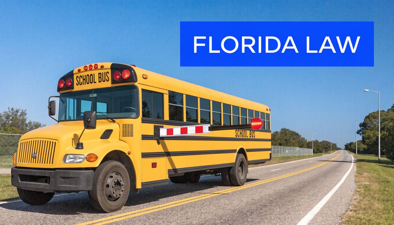 A yellow school bus stopped on a Florida road with its stop arm extended for traffic safety.