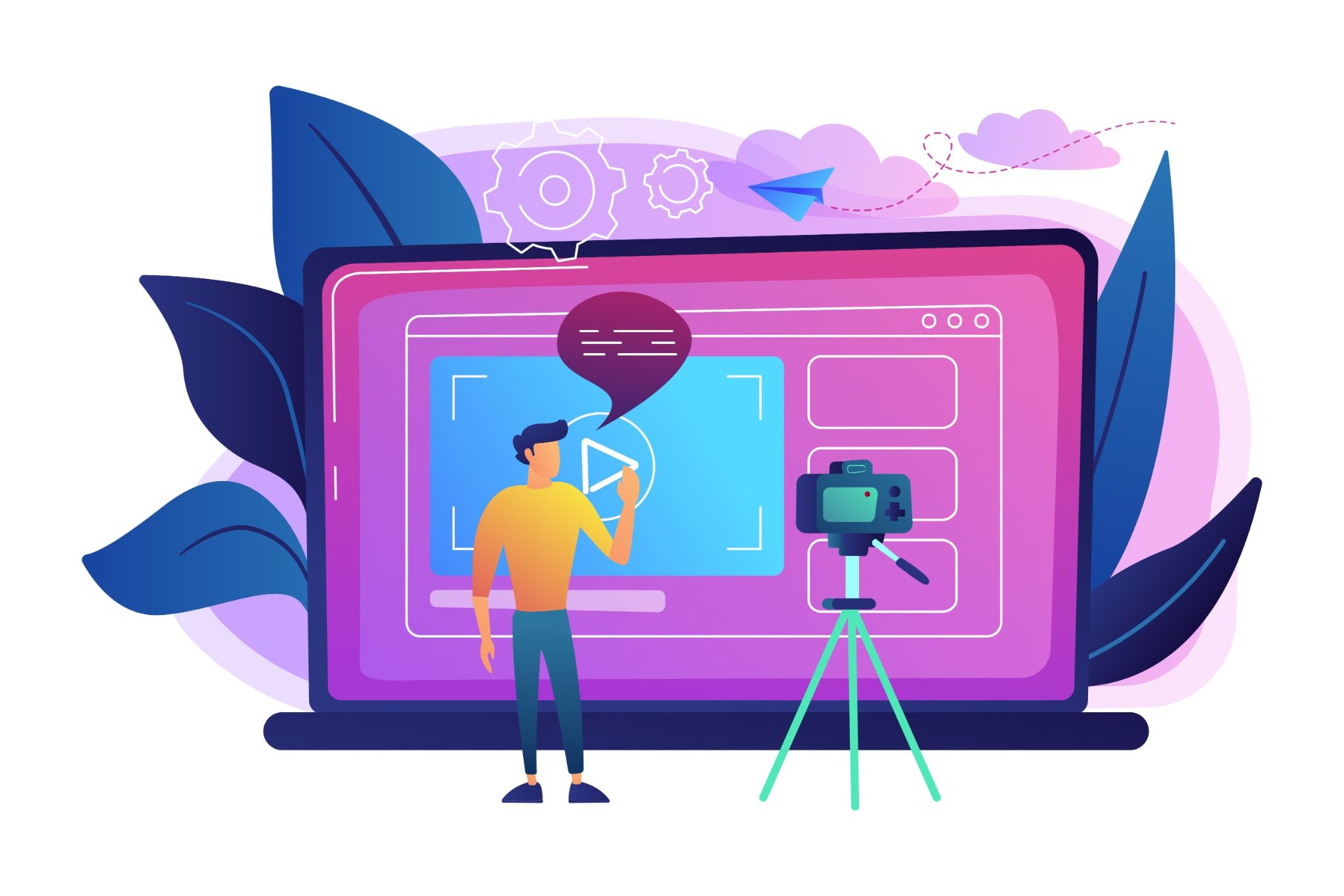 Illustrated creator recording video content in front of a large screen with a camera on a tripod