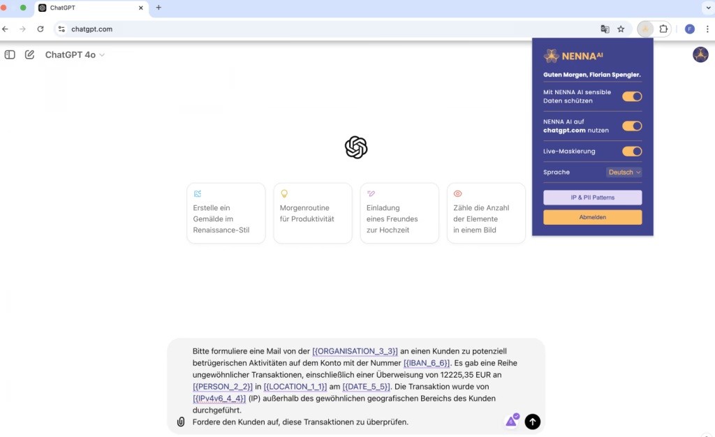 nenna screenshot produkt in chatgpt, Anwendung für Datenschutz in KI