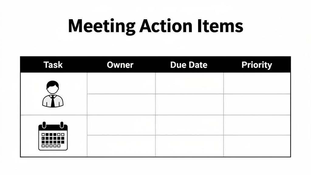 A blank 'Meeting Action Items' table template with columns for Task, Owner, Due Date, and Priority.