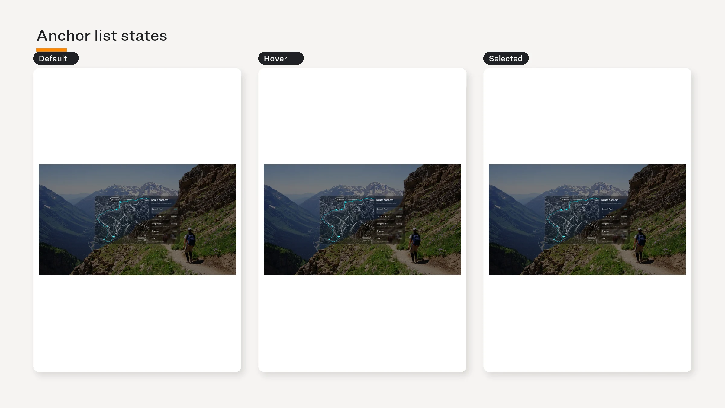 Three AR anchor-list states: default, hover, and selected.