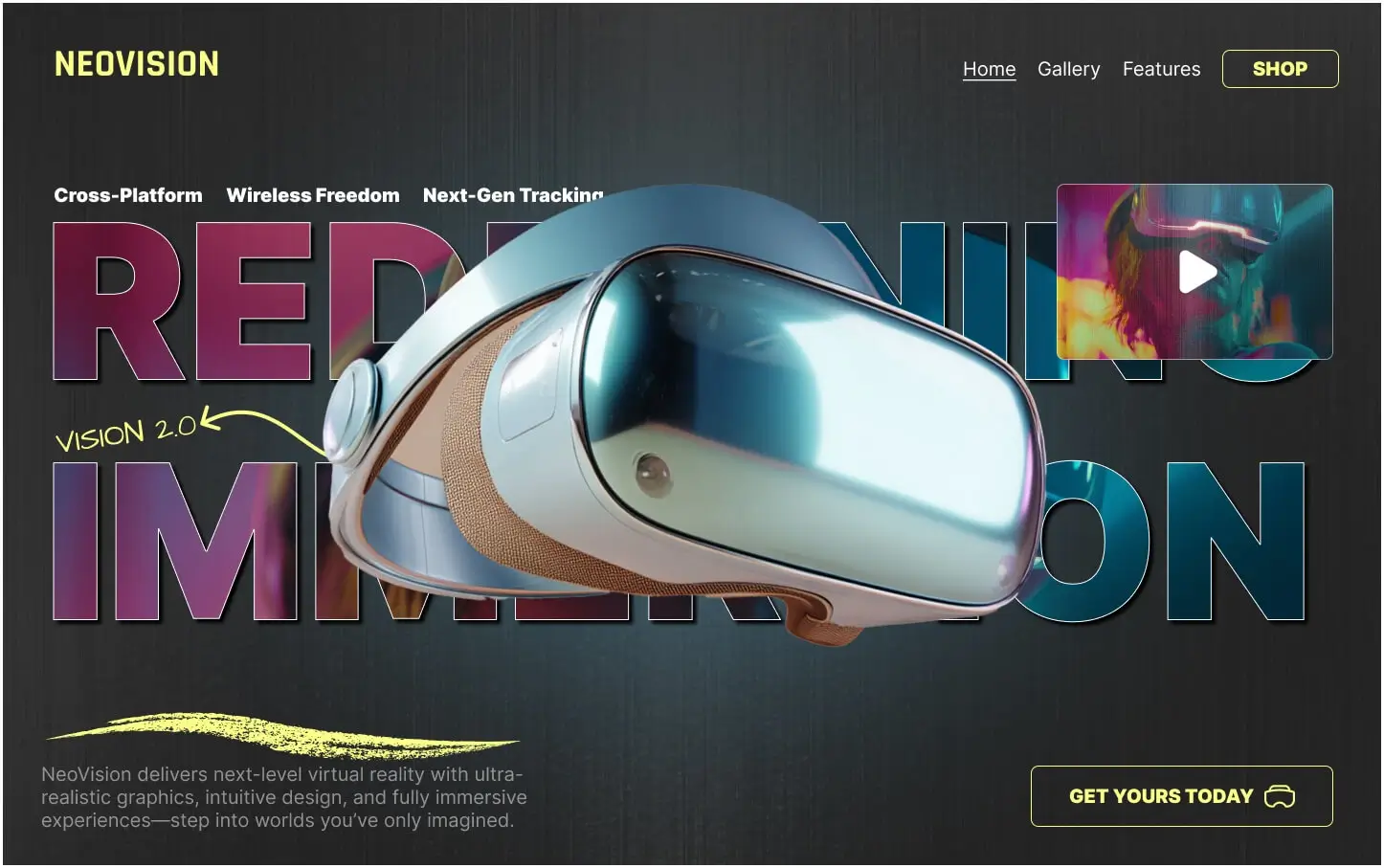 Hero section design for a mockup VR goggle brand