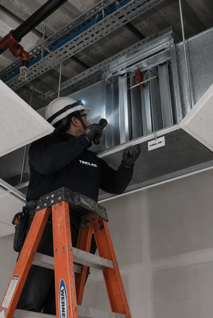 Tinclad technician inspecting a fire damper above the ceiling
