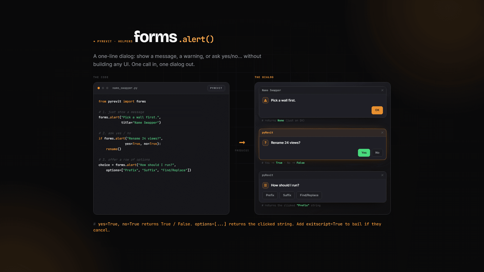forms.alert: one-line dialogs - show a message, ask yes/no, offer options, with exitscript