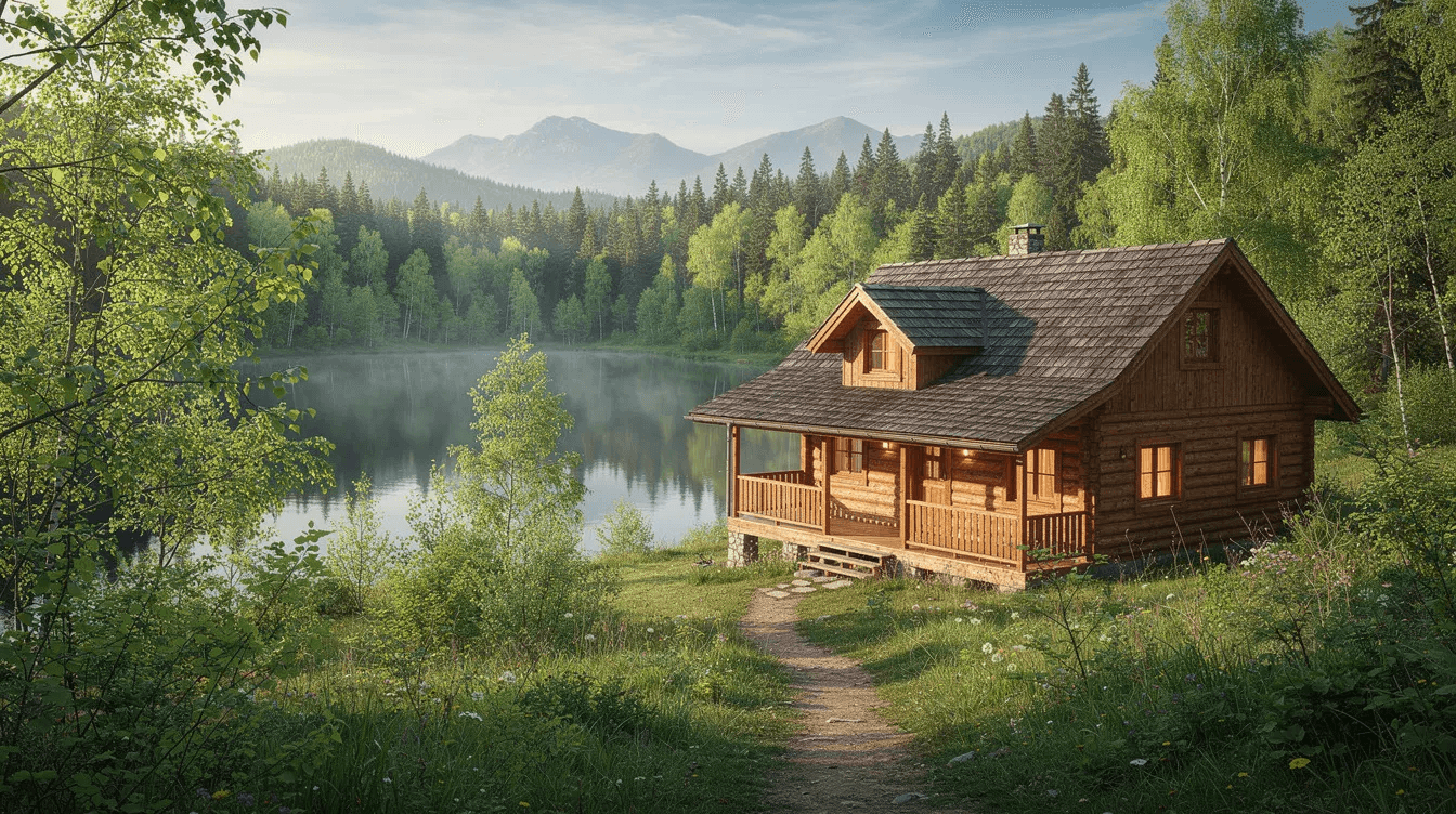 The image depicts a serene mountain lodge nestled among lush trees, with a tranquil lake reflecting the clear sky in the background, perfect for a family retreat. This peaceful setting invites family members to gather, share stories, and discuss their family's history and values, fostering connections for future generations.
