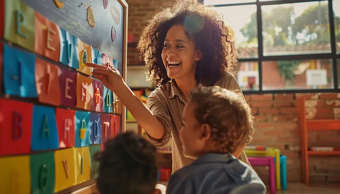 Two designers collaborating in front of computer screens in a creative studio.