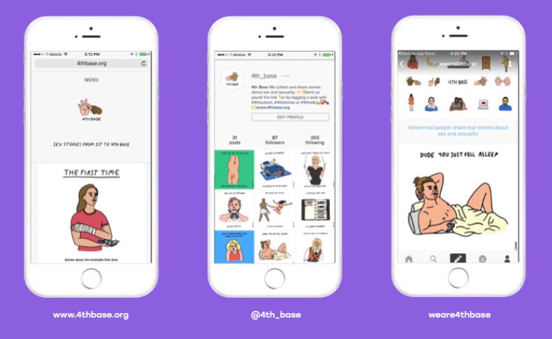 Three smartphones display the website 4thbase.org. The leftmost phone shows a menu with “4thbase” and “MENU” options. The center phone displays a profile page with “31 posts,” “87 followers,” and “203 following,” including a cartoon image of a man in a red shirt holding a bandage. The rightmost phone shows a comic strip titled “DUDE YOU JUST FELL ASLEEP,” featuring a man lying in bed. The website’s URL, www.4thbase.org, is displayed at the bottom of each phone.