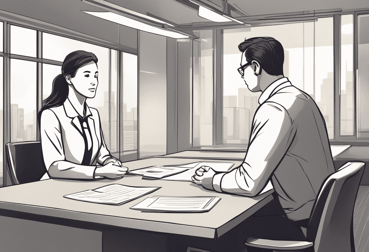 A manager giving feedback to an employee in a positive, constructive manner. The employee is actively listening and engaging in the conversation