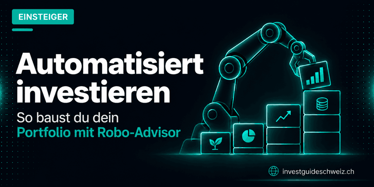 Cover-Illustration Robo-Advisor Schweiz – stilisierter Roboterarm ordnet automatisch Münzen zu einem Portfolio-Diagramm