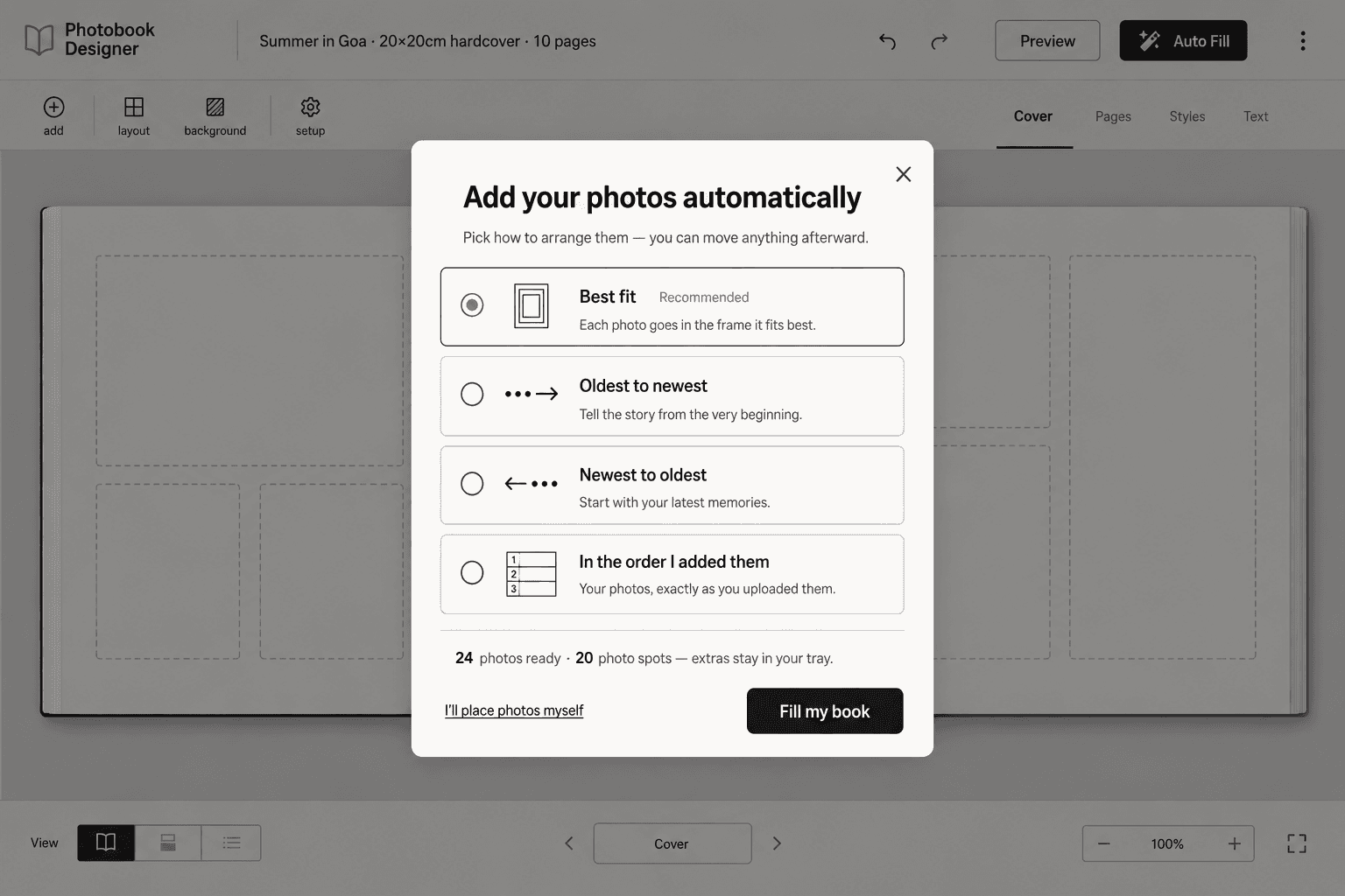 Auto fill pop up- photobook designer