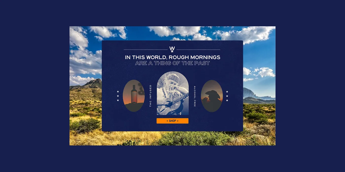 Willie’s Remedy+ desktop homepage hero: a navy panel over a desert landscape with the headline ‘In this world, rough mornings are a thing of the past’, an arched photo of Willie Nelson playing guitar and an orange Shop button