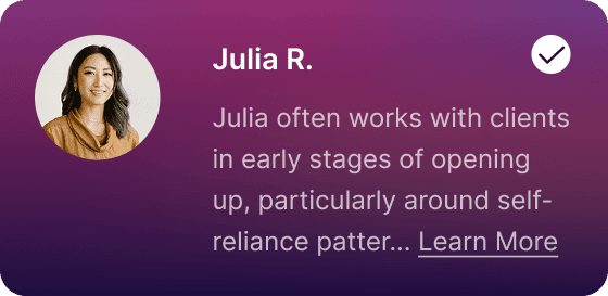 App UI card with a profile photo for a mental healthcare provider, along with the provider's name and a brief description of their practice