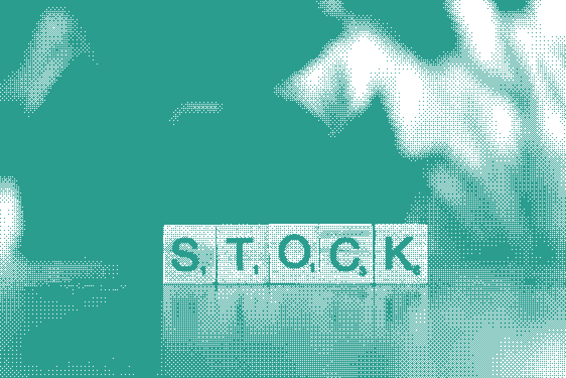 A dither style image of blocks fomring the word stock
