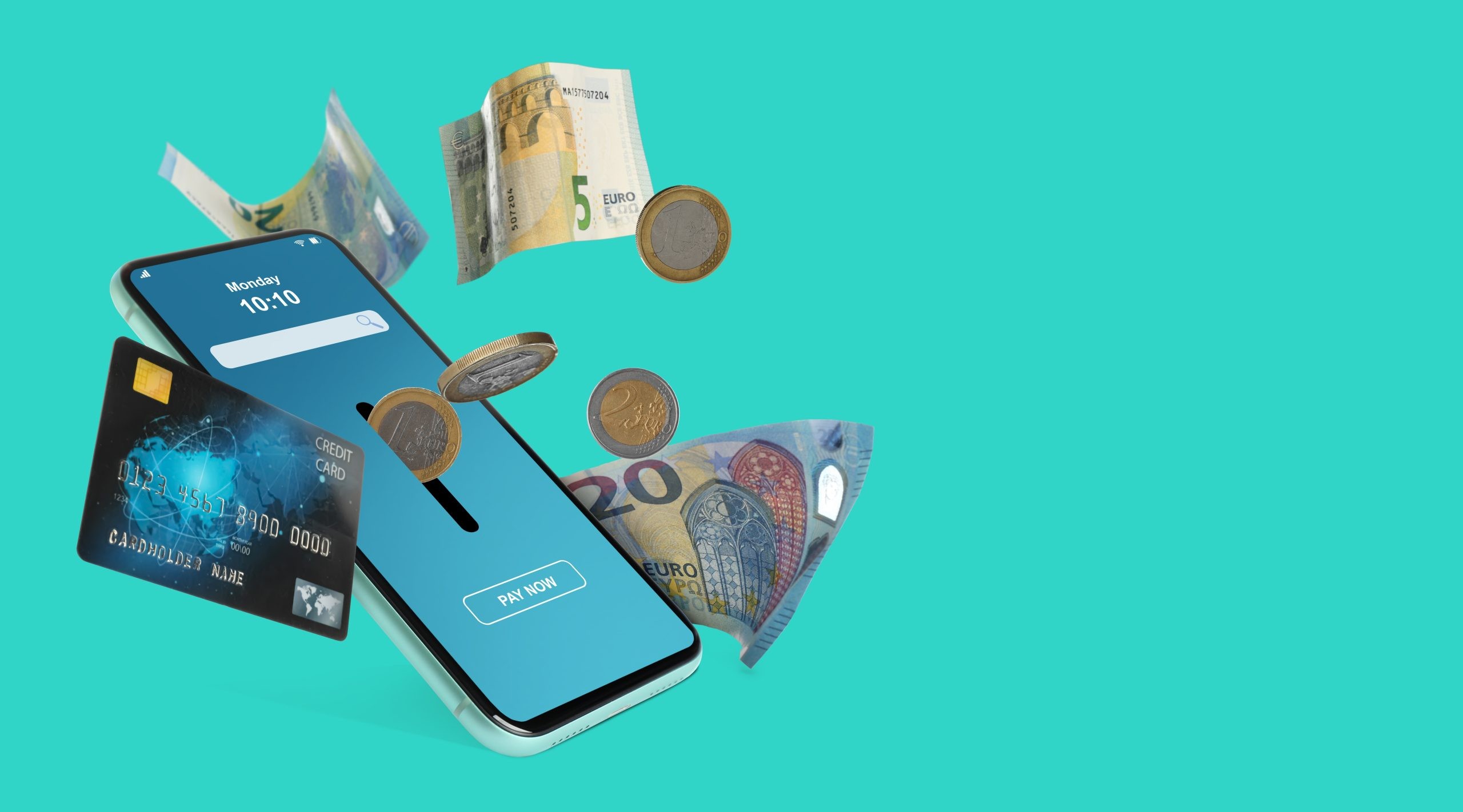 Smartphone mit „Pay Now“-Button, umgeben von Euroscheinen, Münzen und einer Kreditkarte – Sinnbild für Zahlungen mit dem digitalen Euro.