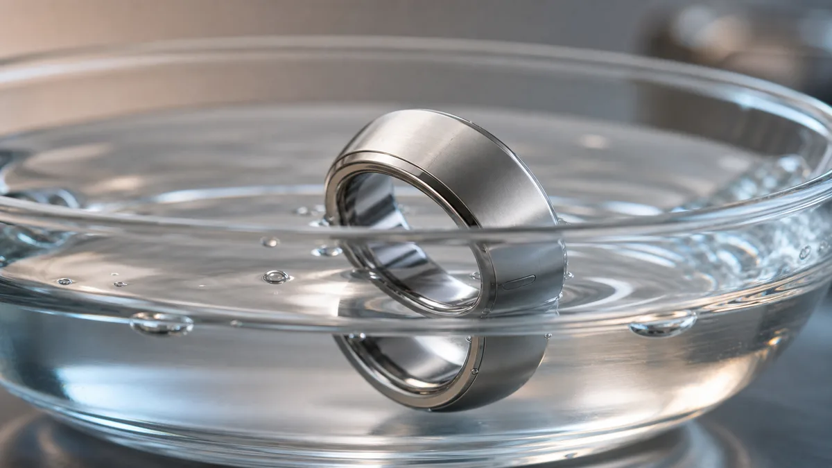 Silver smart tasbih ring half submerged in clear water for IP67 testing