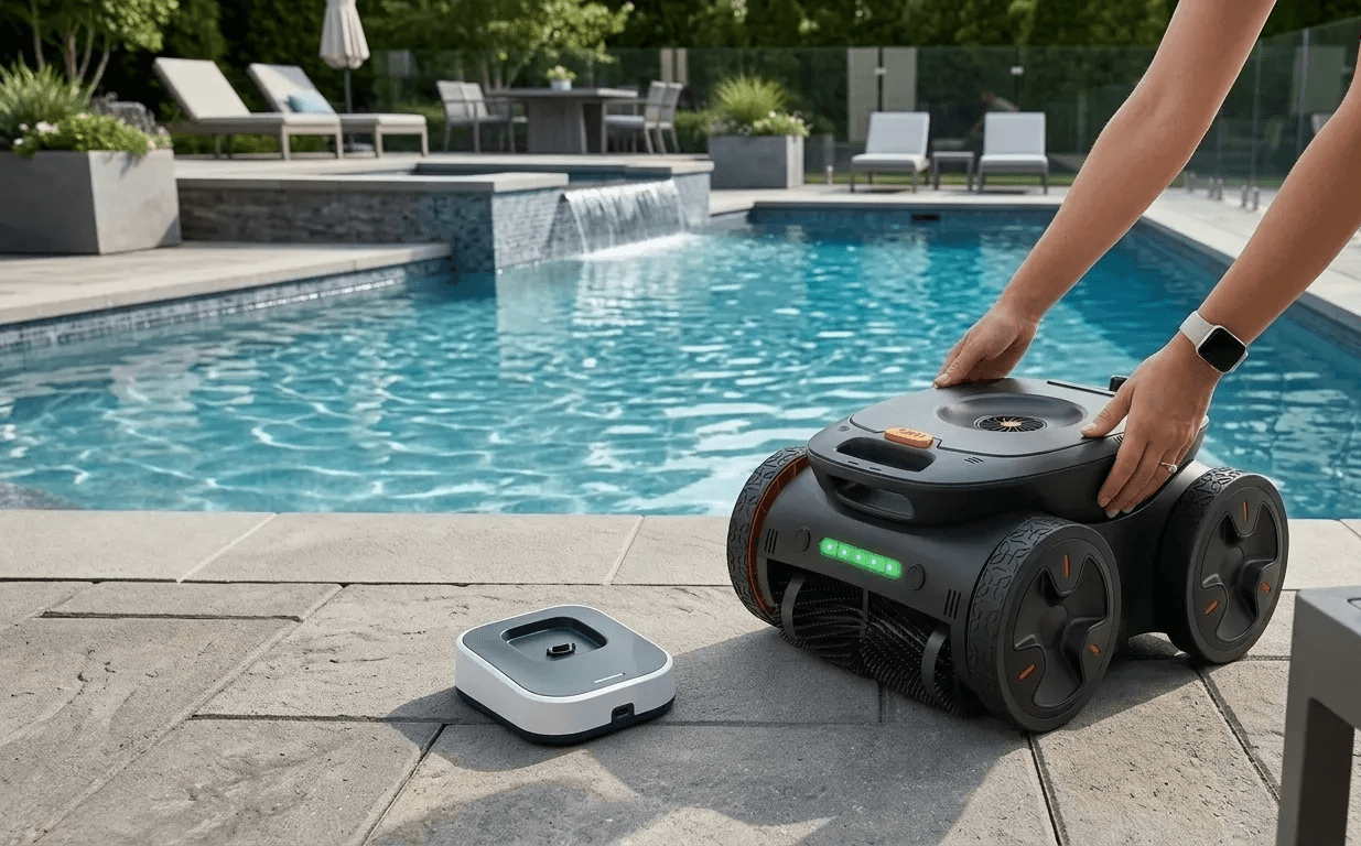 Cordless robotic pool cleaner with battery powered operation