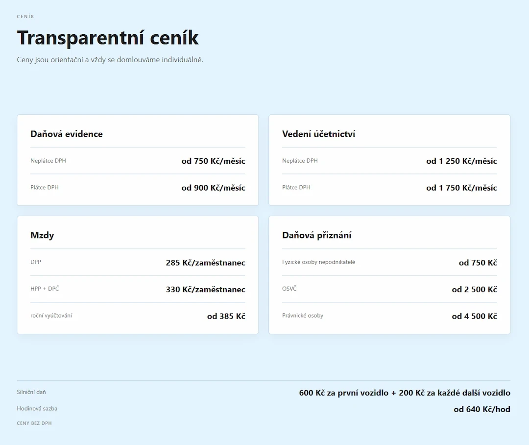 Ukázka čistého UI/UX designu přehledného ceníku účetních a mzdových služeb navrženého pro firemní web.