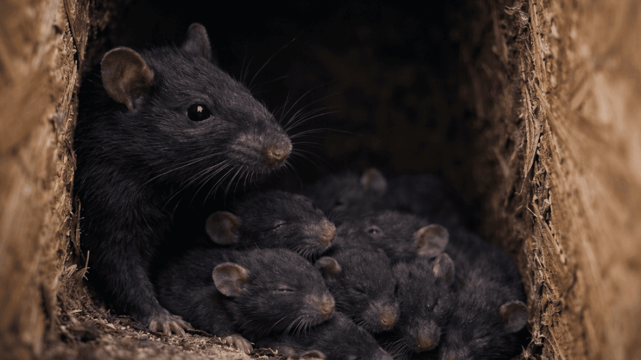 Ratte avec ses ratons dans un nid creusé dans du bois