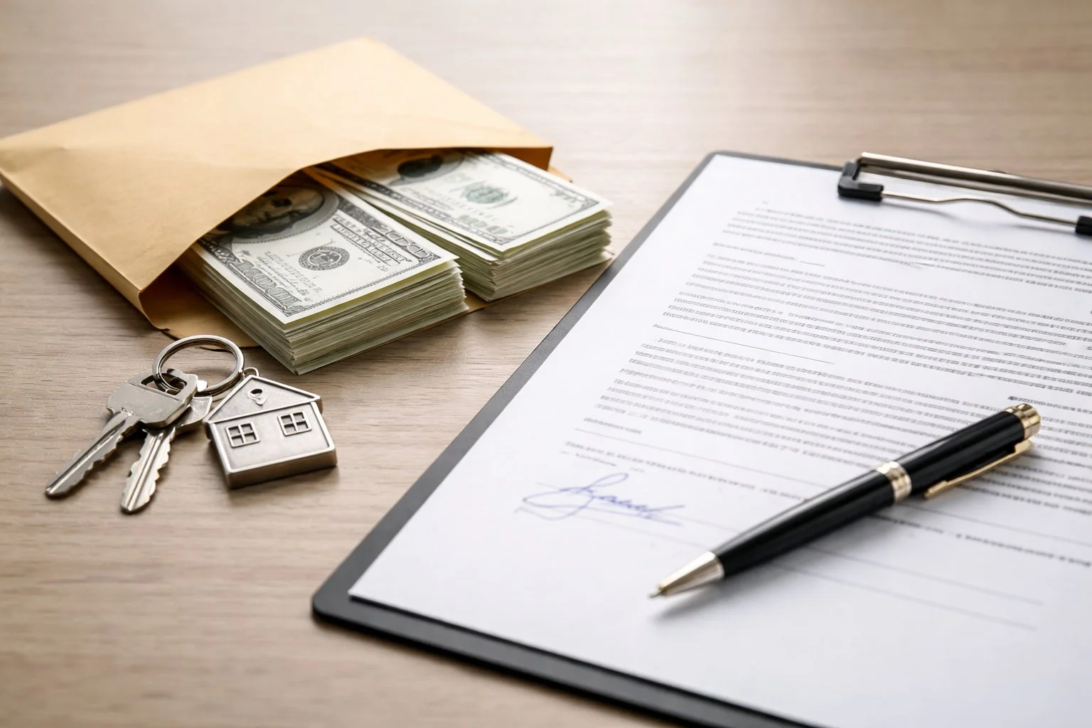 House key beside a sealed cash envelope and signed document, symbolizing converting property into financial value.