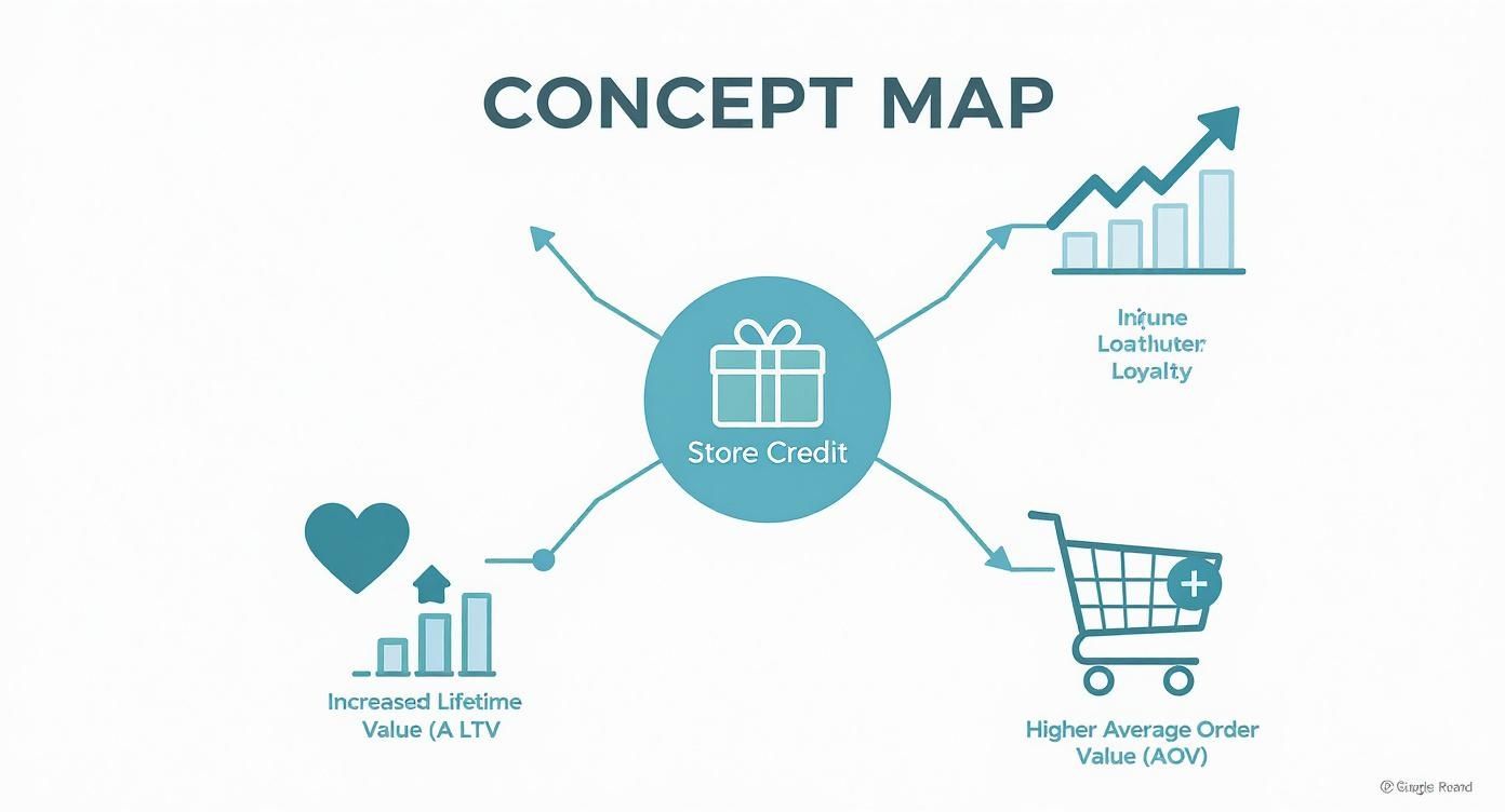 Concept map showing how store credit leads to increased customer loyalty, lifetime value, and average order value.