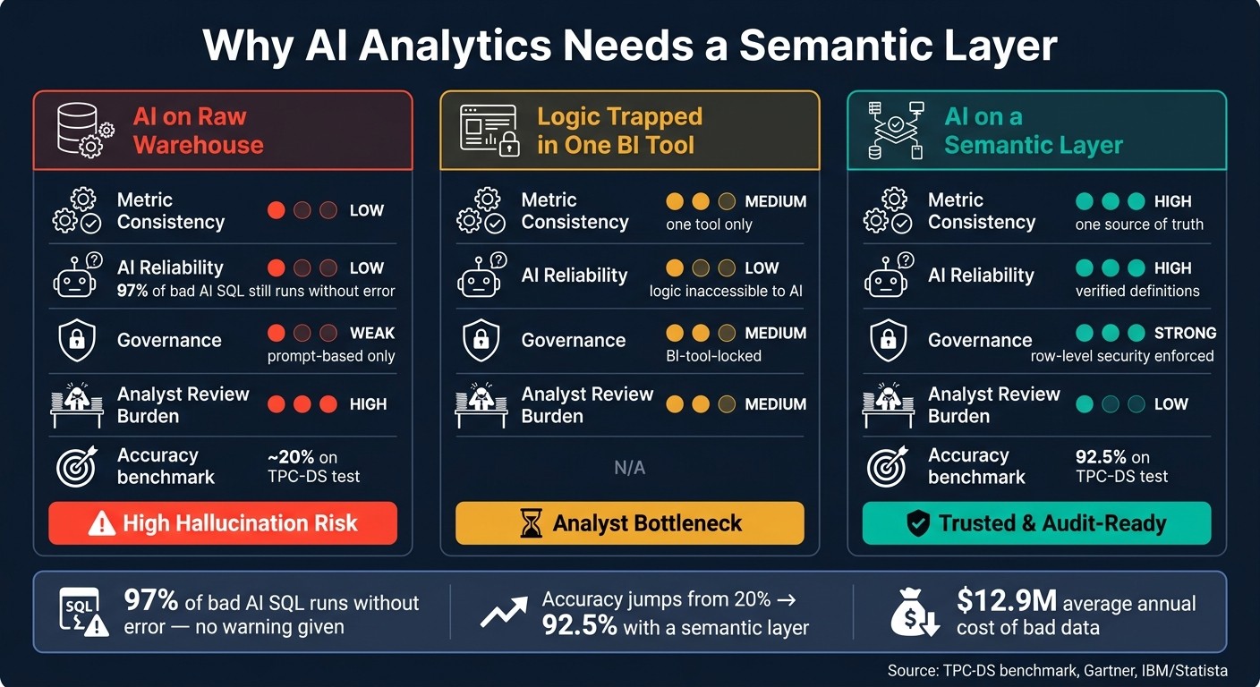 AI on Raw Warehouse vs. Semantic Layer: Analytics Accuracy & Governance Compared
