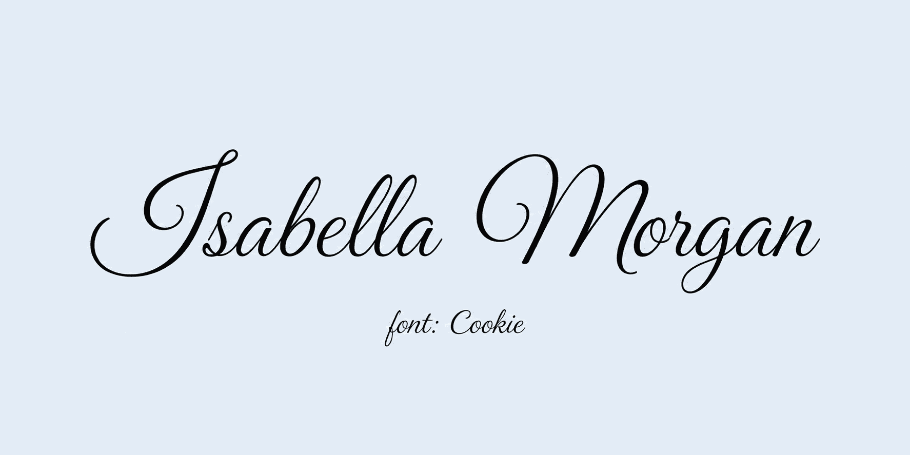 Sample name signed in a cursive signature font on a light background, with the font name labeled below.