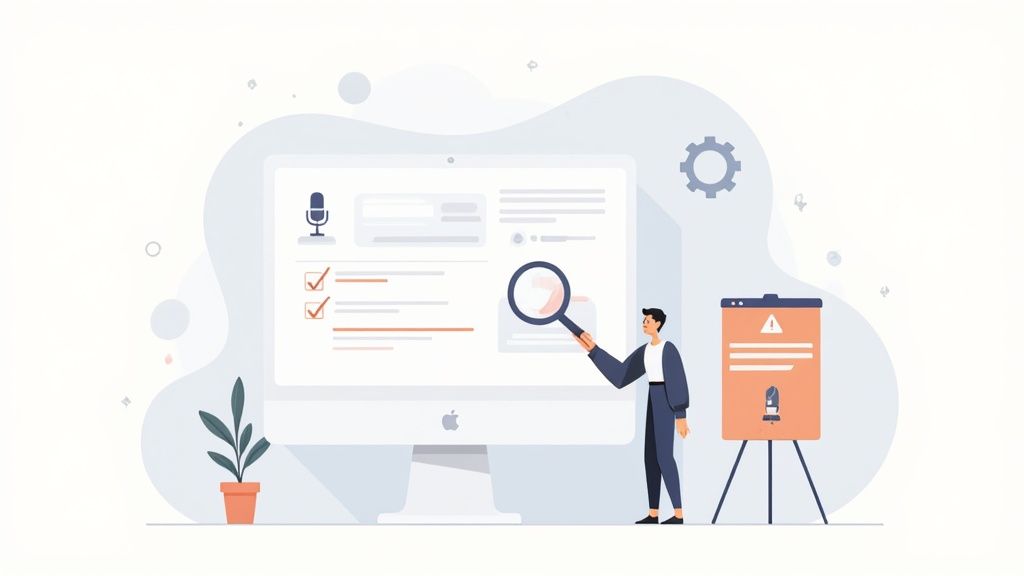 A man analyzing a computer screen with a magnifying glass, showing a dictation interface.