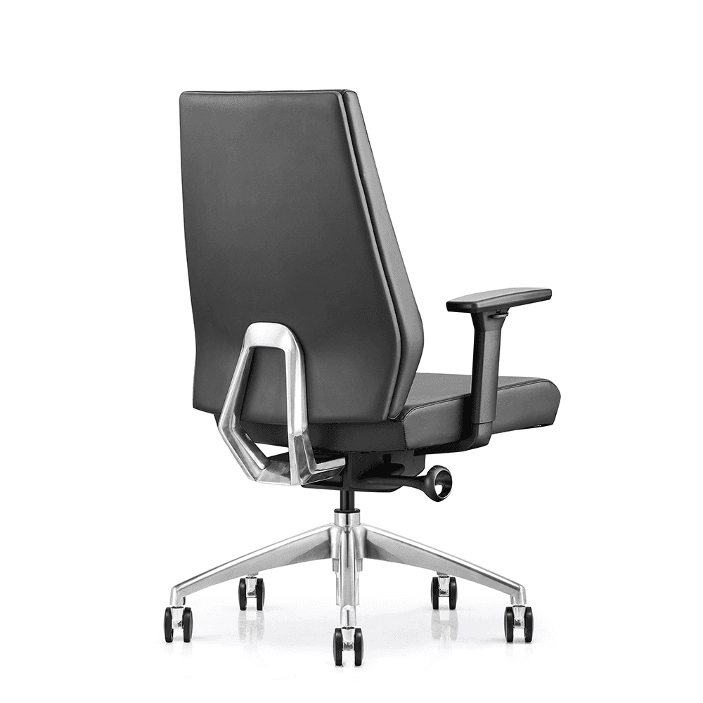 Rear-diagonal view of a mid-back black leather office chair featuring a polished chrome Y-frame support, adjustable armrests, and a 5-star aluminum swivel base.