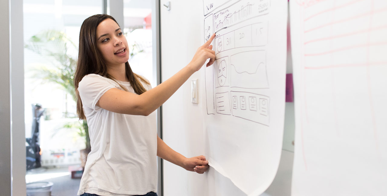 UX designer presenting wireframe sketches on a whiteboard to improve team collaboration