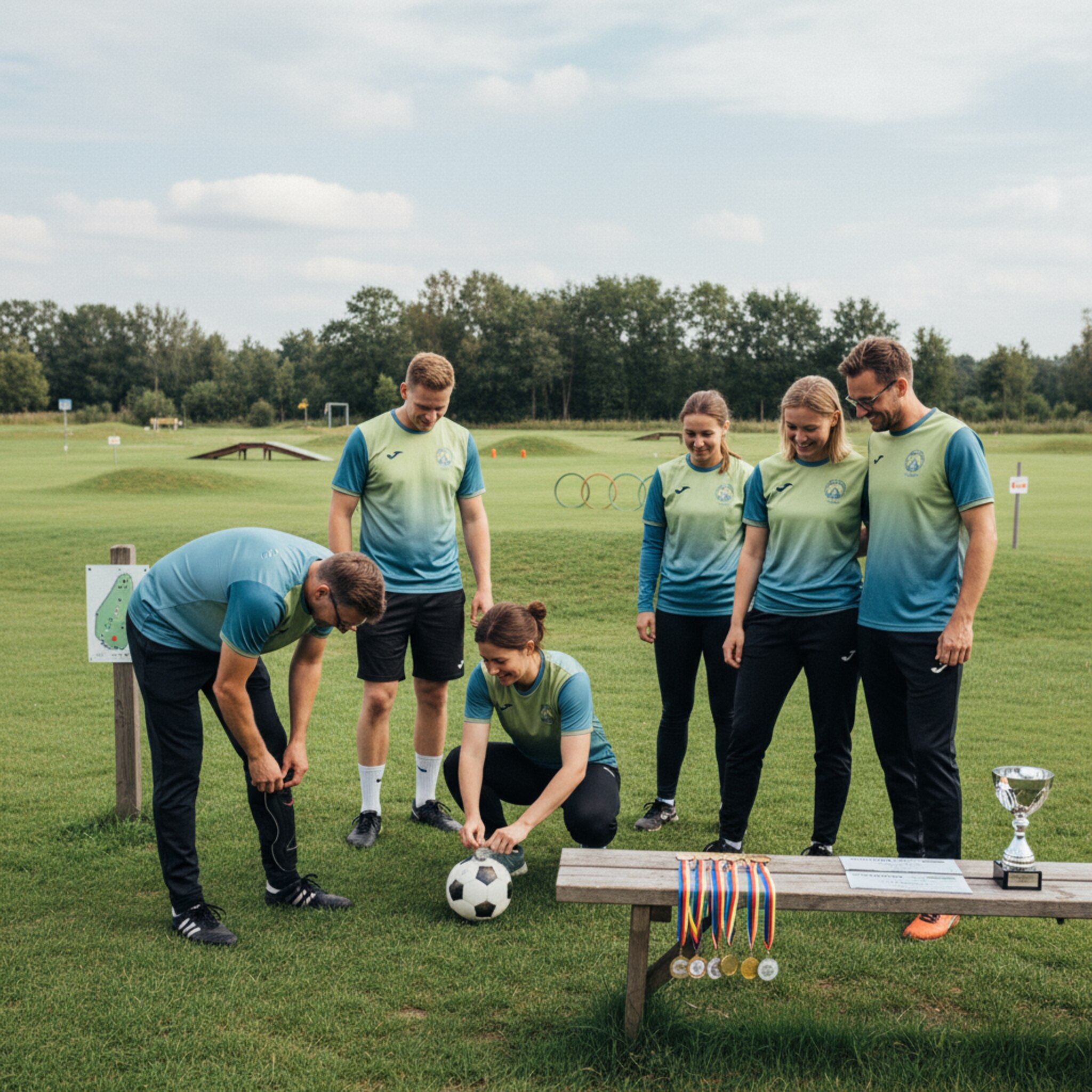 Ein Team in farblich abgestimmten Trikots versammelt sich vor dem ersten Abschlag. Auf einer Holzbank liegen Medaillen, Namenskarten und ein kleiner Pokal bereit. Lockere Gespräche, erwartungsvolle Blicke und leichtes Lachen füllen die Luft. Die Szene vermittelt Vorfreude auf ein gemeinsames Event.