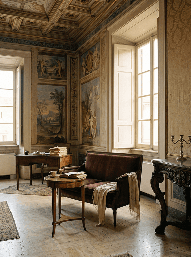 интерьер старого римского палаццо с окнами и мягким светом