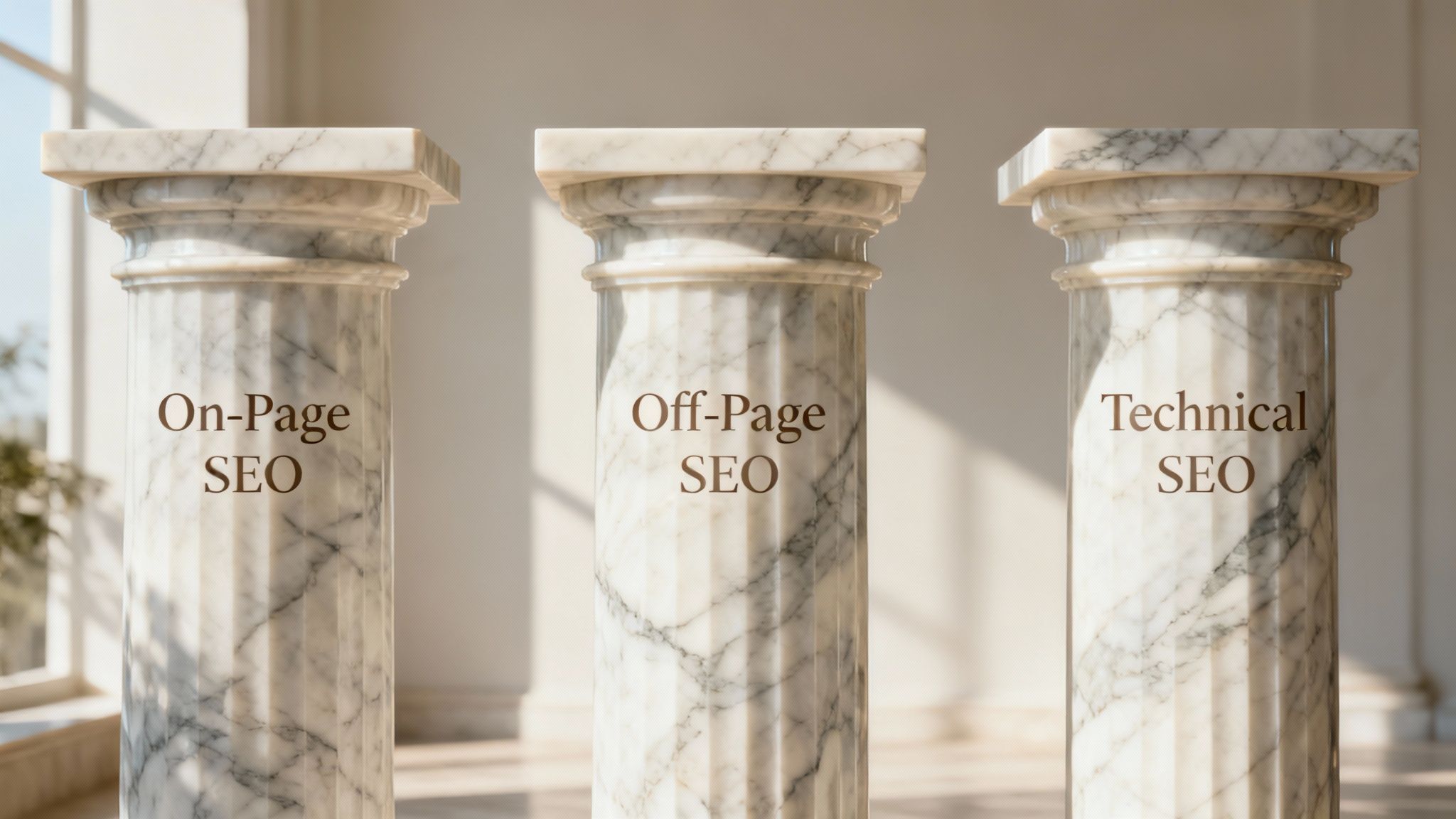 Three balanced stone pillars on a beach, symbolising the core components of SEO.