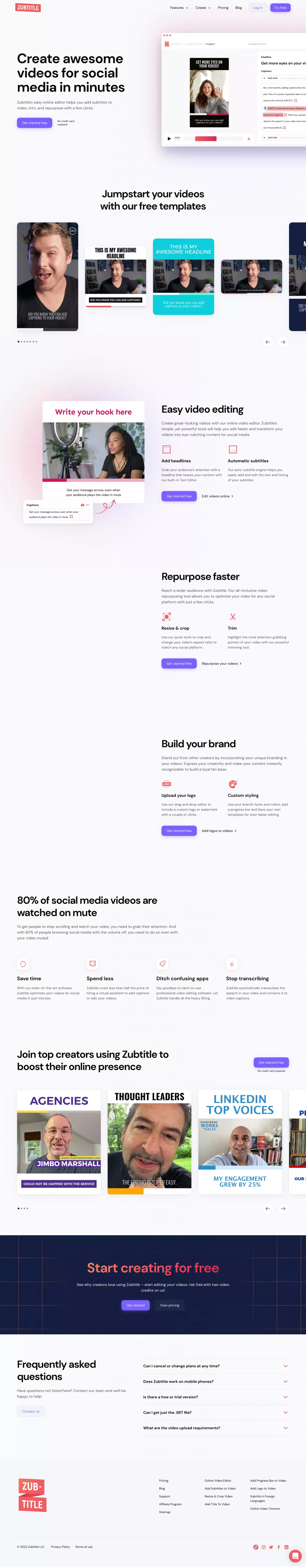 Zubtitle – Add Subtitles to Video, Edit, landing page screenshot showcasing Design and Tech design