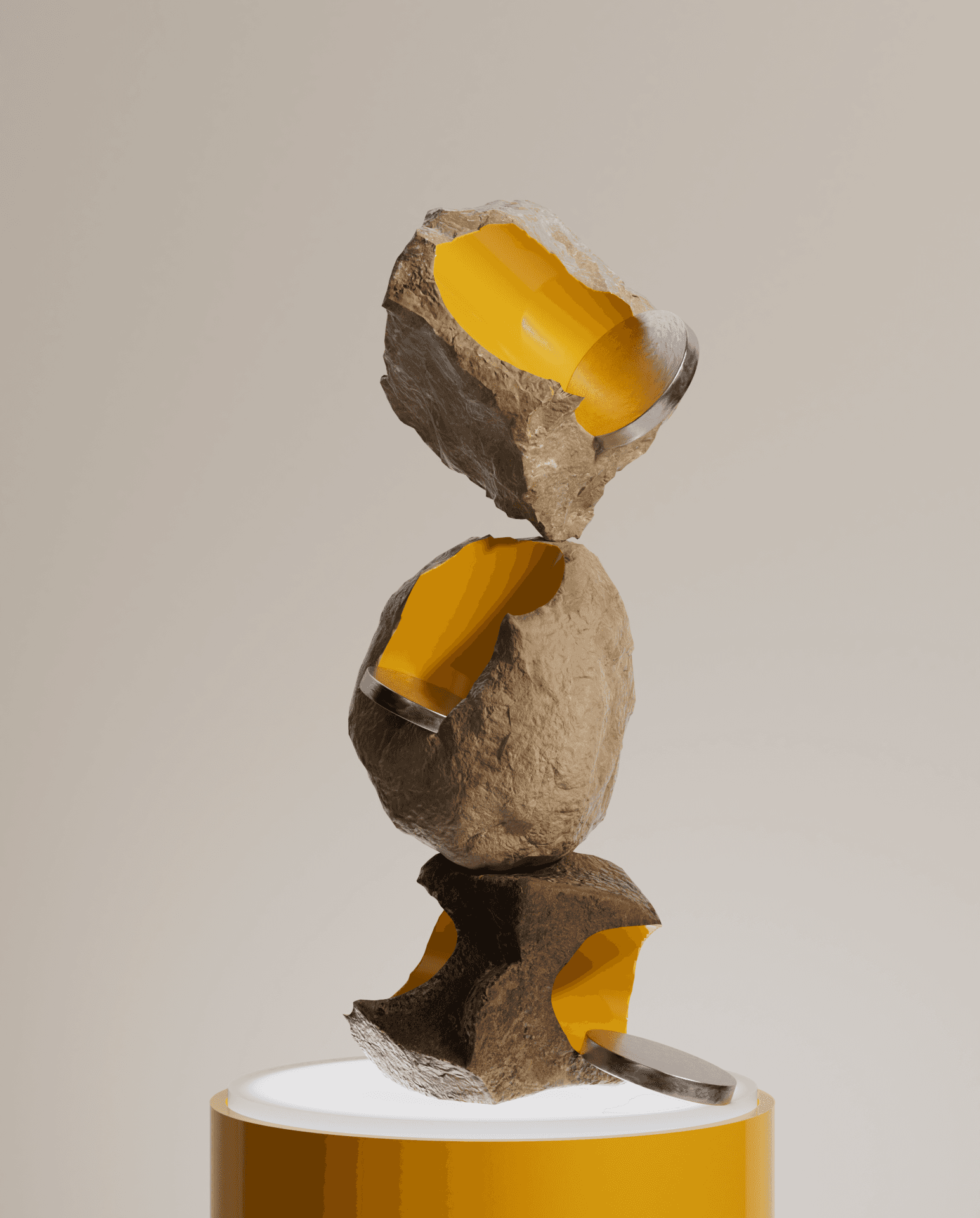3D rendered abstract sculpture of stacked cracked stone forms revealing a bright yellow interior with silver metal rings displayed on a yellow pedestal against a neutral background