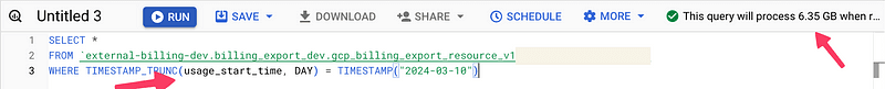 The image shows a database query interface with a SQL statement. The query will process 6.35 GB when filtering by the date where the cost was produced, with the specific date mentioned being "2024-03-10". 