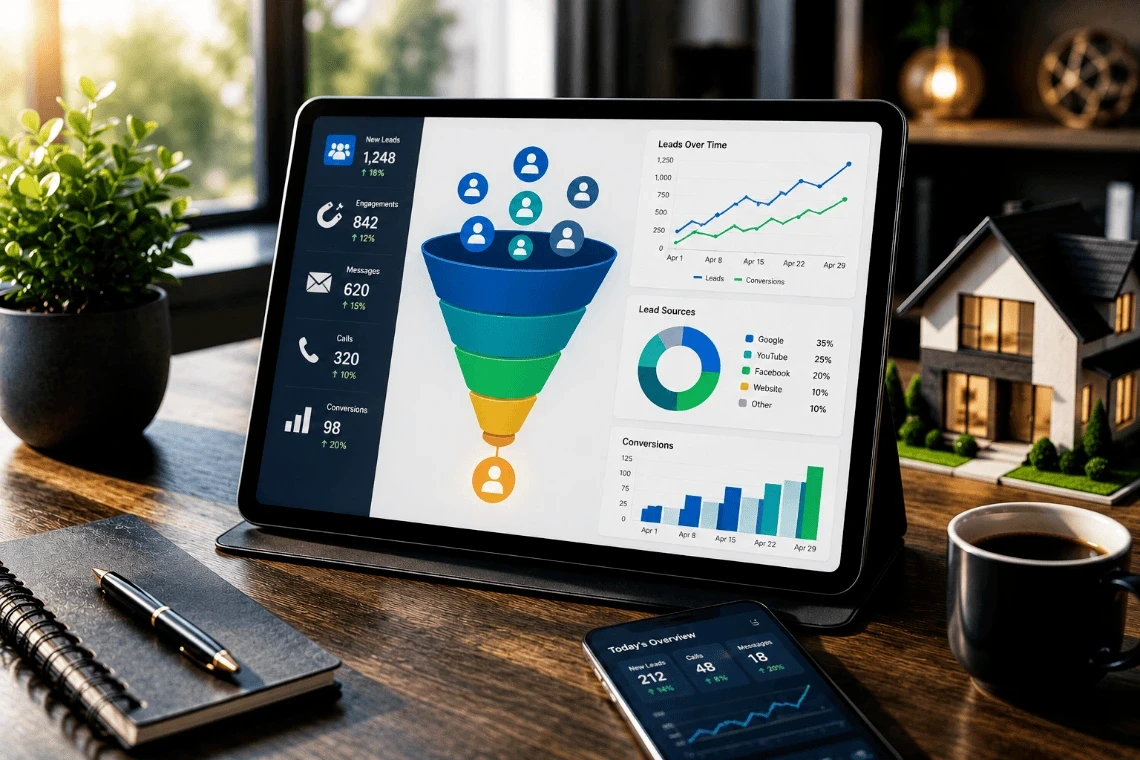 A real estate professional gently reviewing a digital lead generation strategy on a tablet in a well-lit office.