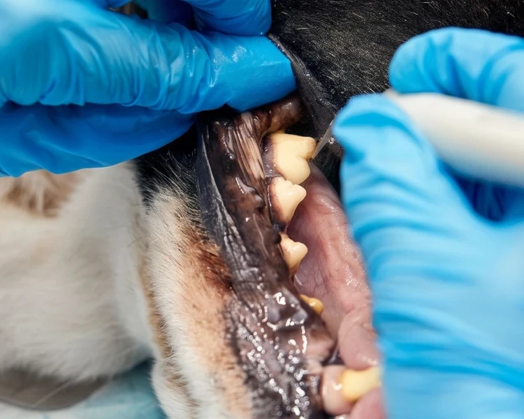 Zahnsteinentfernung beim liegenden Hund mit einem Handinstrument.