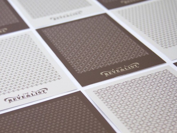 The image shows a collection of rectangular cards arranged on a white background. Each card has a dark brown border and a light gray or beige interior with a repeating geometric pattern. The text "The Reve & List" is printed in a dark brown serif font on each card. The cards are slightly offset from each other, creating a grid-like pattern across the image.