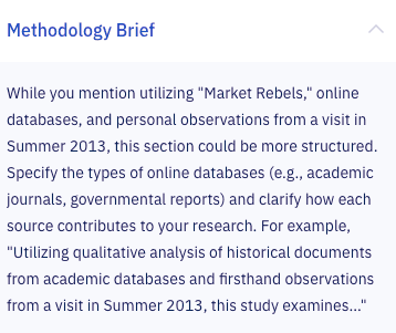 Paperpal AI Review panel titled Methodology Brief advising clearer description of databases and sources with a sample methods sentence