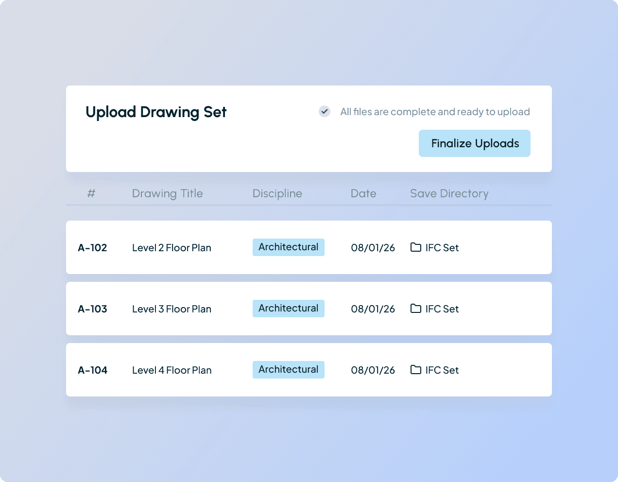 AI-powered construction management software automatically tagging files with drawing numbers, titles, and disciplines
