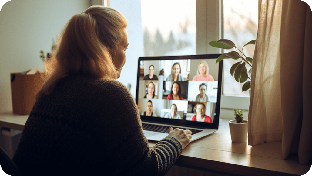 Person on a laptop in a group video call, illustrating live human support.