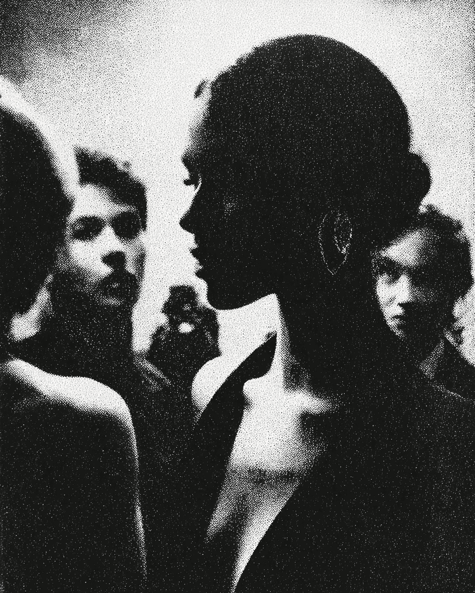 High-contrast monochrome portrait, Generative grain structure via Python scripting, Analog decay simulation, Digital Human Engineering, Engineered by Aventi