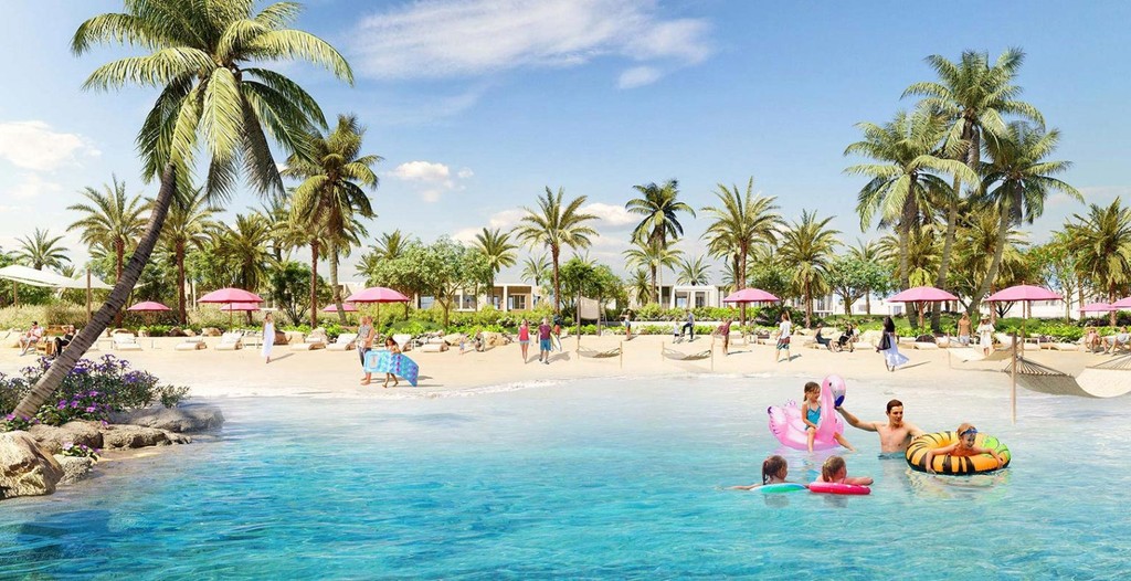 Rendering of the beach area at Orania The Valley resort, showcasing sandy shores and clear blue waters.