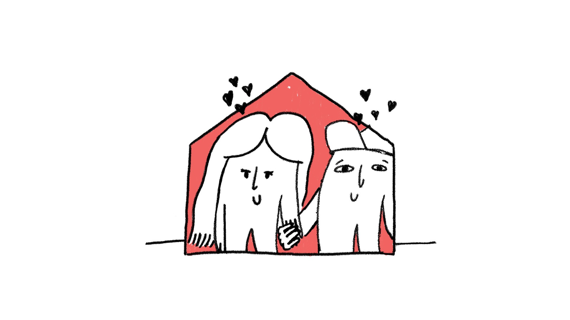 Two cartoon figures are positioned inside a red house shape. The figure on the left has long white hair and a simple face, while the figure on the right has shorter white hair and a similar face. Small black hearts float above the roof of the house. The figures are drawn in a simple, childlike style.